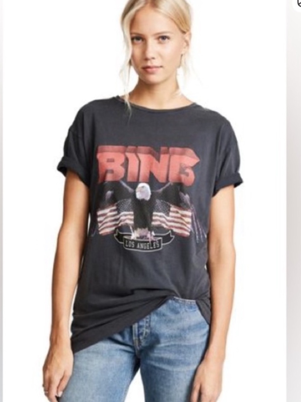 Anine Bing Black Vintage Graphic Eagle Tee with Red Accents